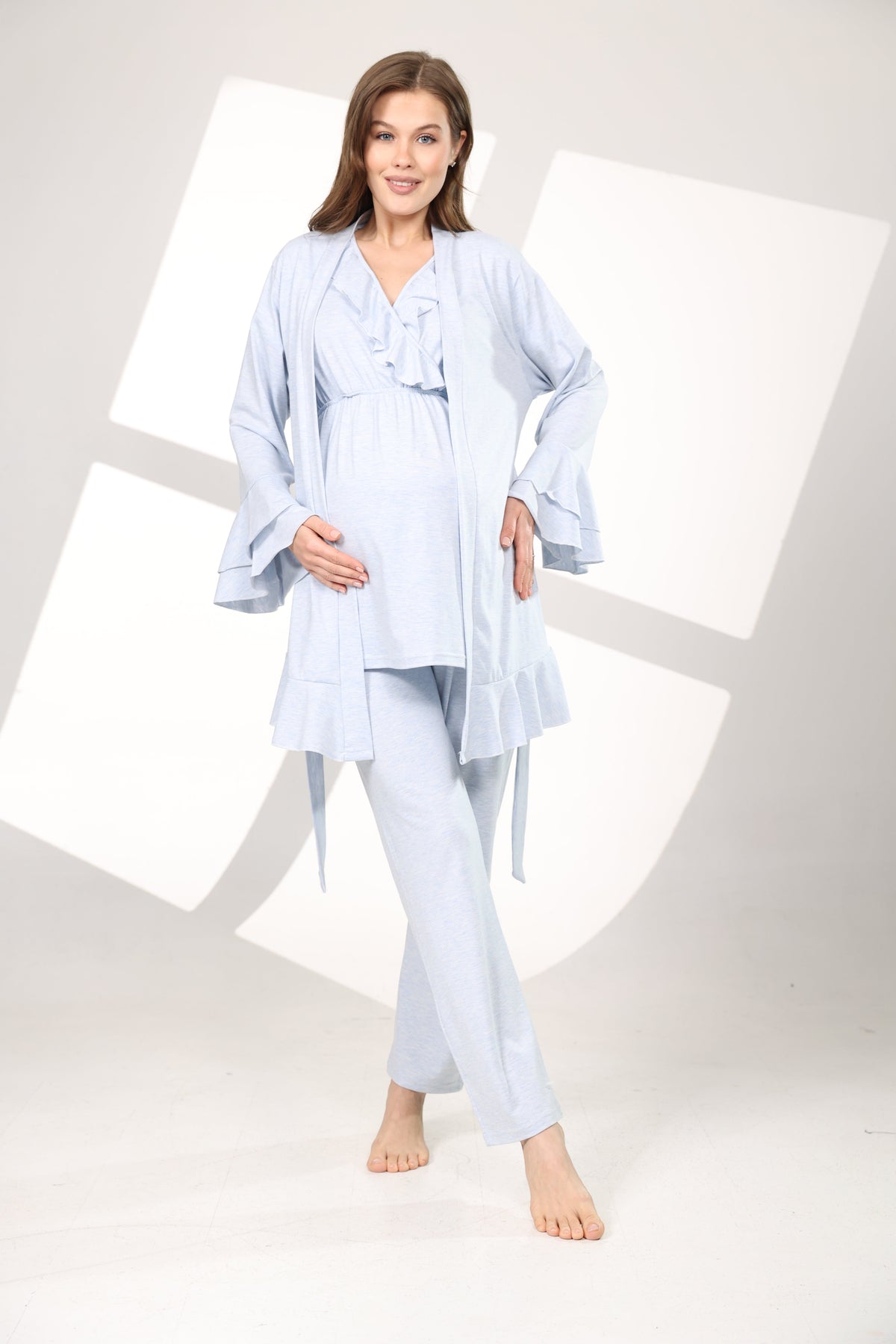 Yumuşak Dokulu 3'lü Sabahlıklı Kruvaze Lohusa Pijama Takımı Mavi Melanj - 585
