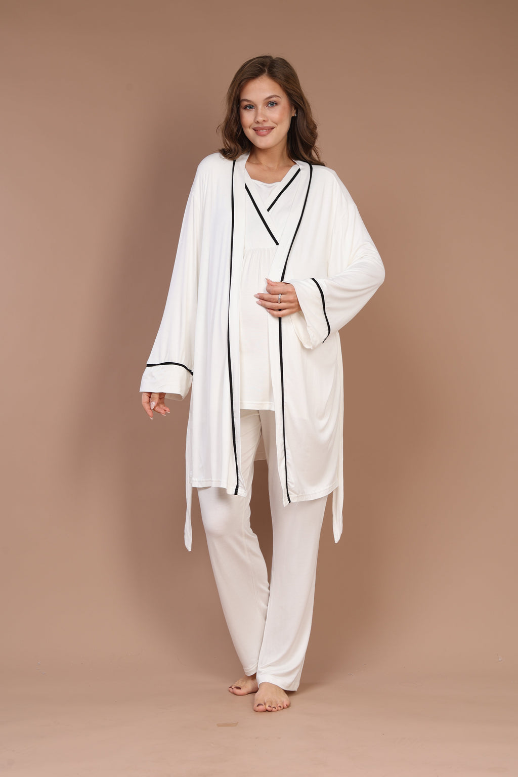 Uzun Kollu Biyeli 3'lü Sabahlıklı Lohusa Pijama Takımı Ekru - 545