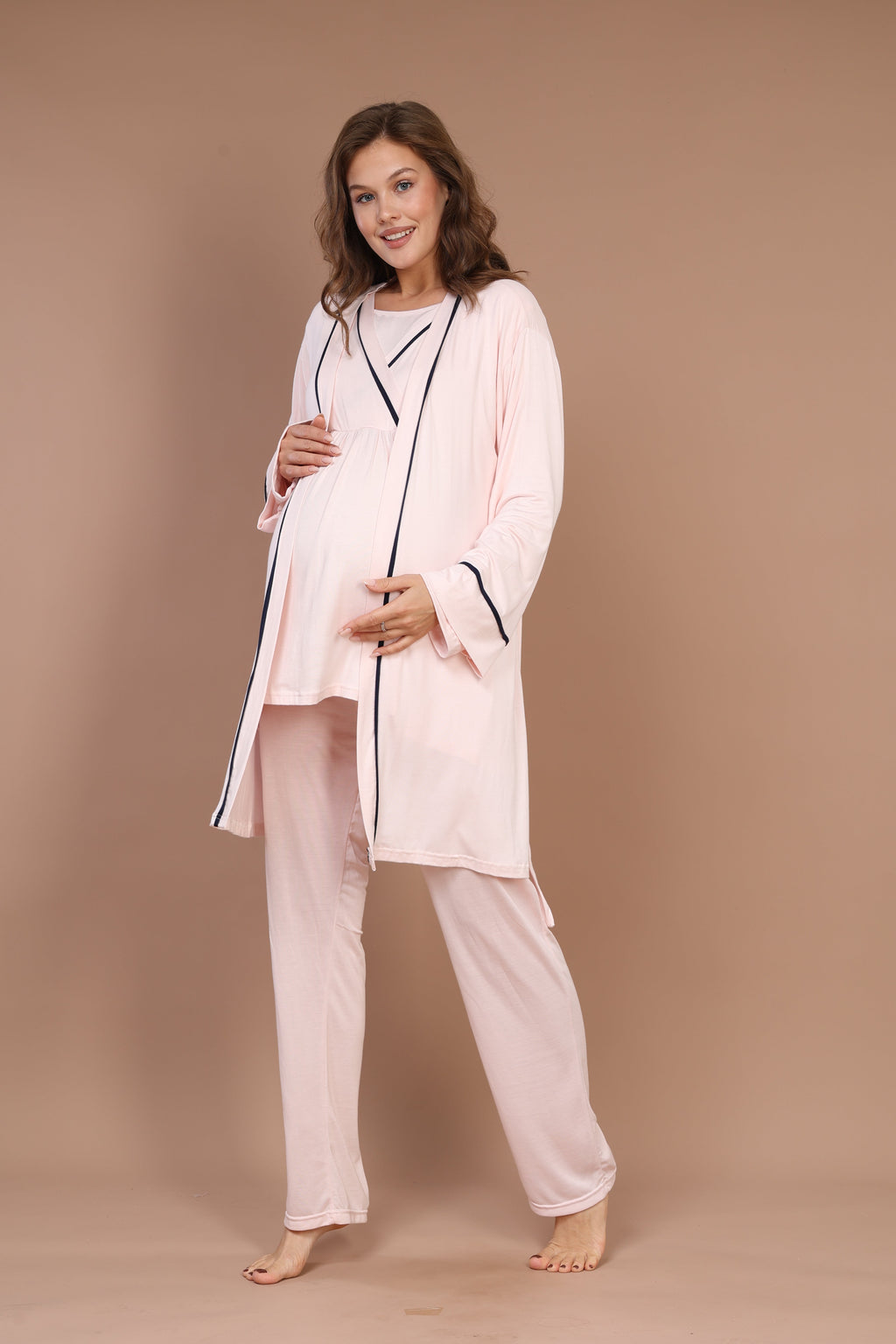 Biyeli Uzun Kollu 3'lü Sabahlıklı Gizli Emzirme Özellikli Lohusa Pijama Takımı Pembe - 546