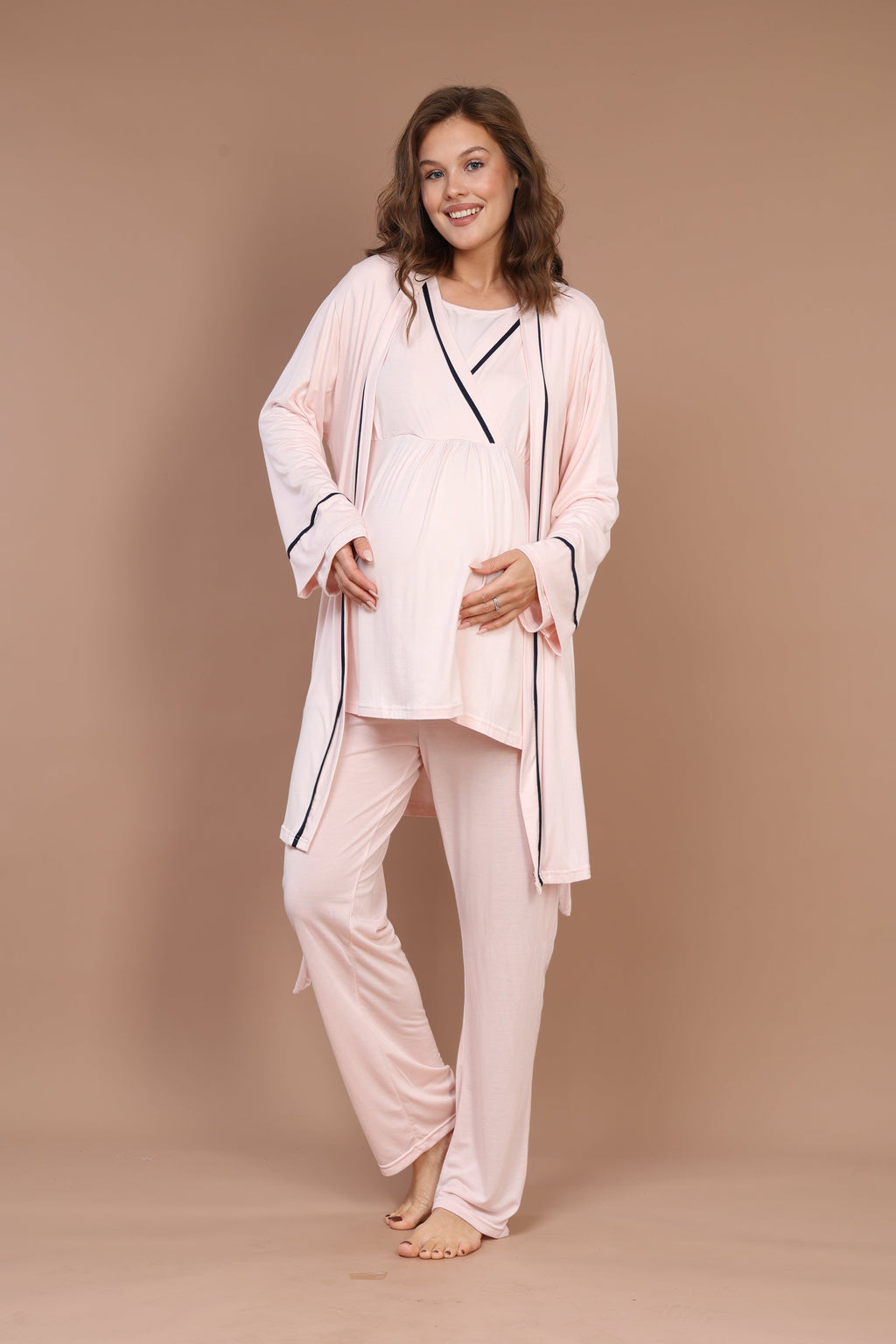 Biyeli Uzun Kollu 3'lü Sabahlıklı Gizli Emzirme Özellikli Lohusa Pijama Takımı Pembe - 546
