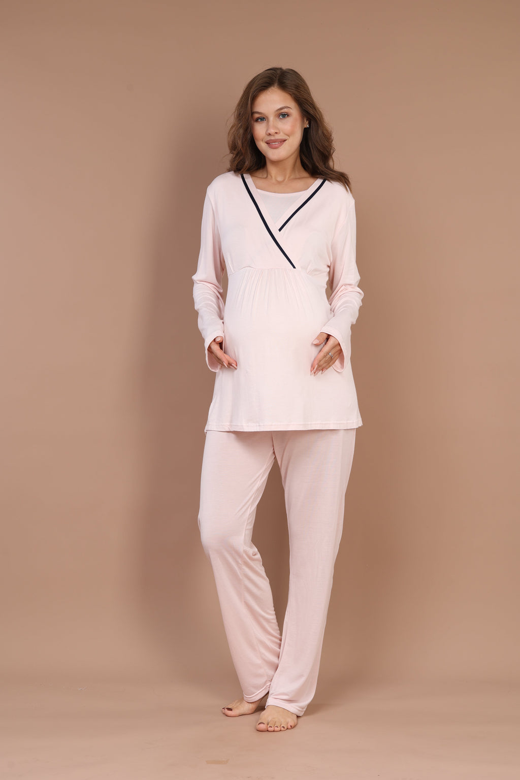 Biyeli Uzun Kollu 3'lü Sabahlıklı Gizli Emzirme Özellikli Lohusa Pijama Takımı Pembe - 546