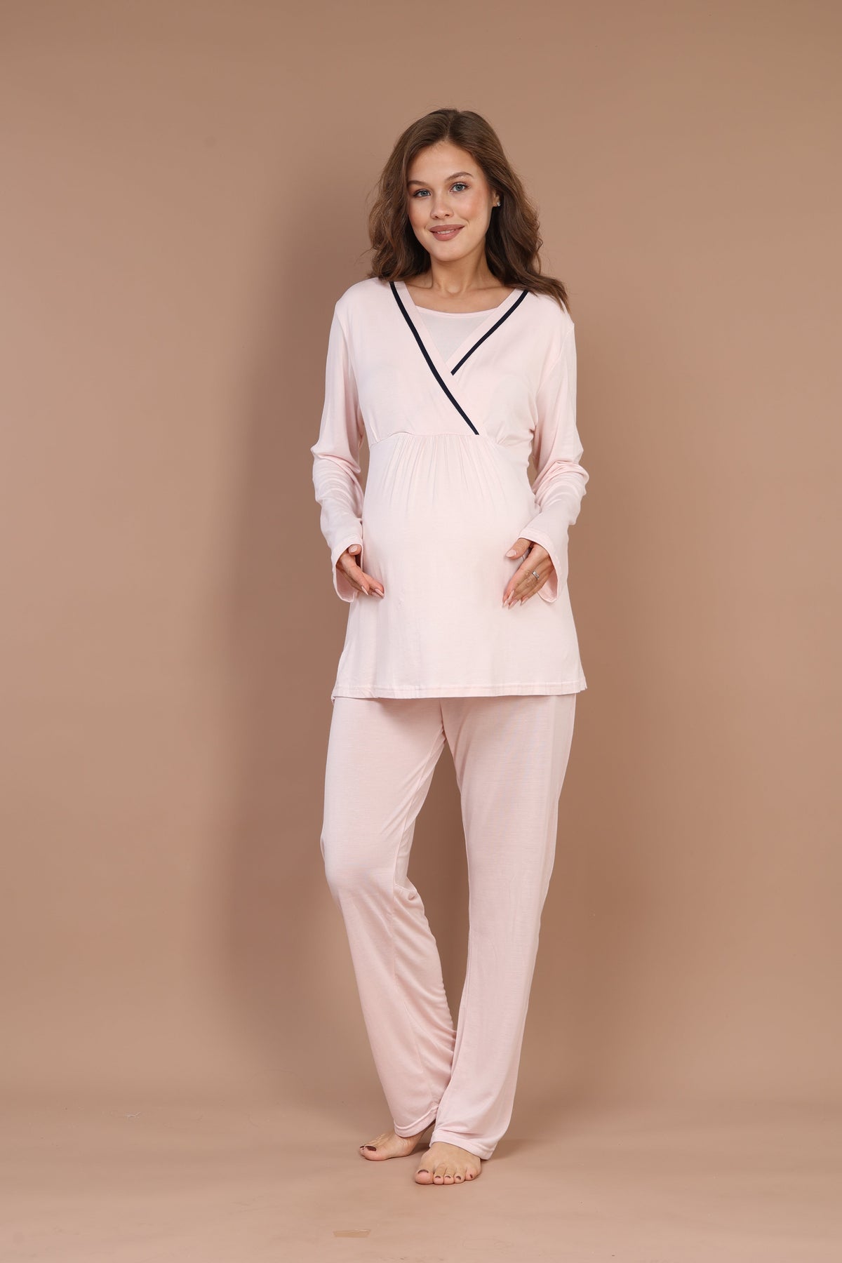 Biyeli Uzun Kollu 3'lü Sabahlıklı Gizli Emzirme Özellikli Lohusa Pijama Takımı Pembe - 546
