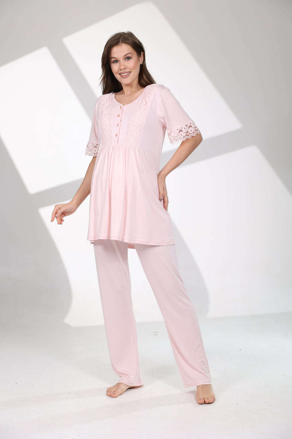 Soft Çiçek Desenli Yumuşak Dokulu 3'lü Sabahlıklı Lohusa Pijama Takımı Pembe - 715