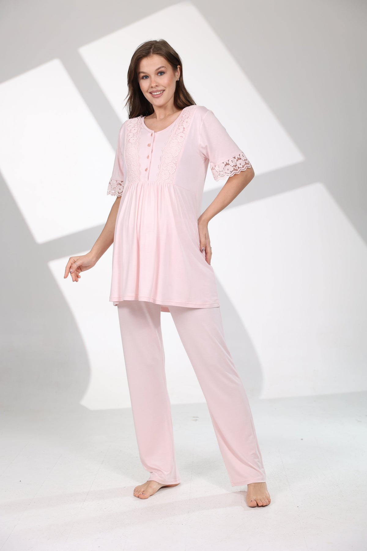 Soft Çiçek Desenli Yumuşak Dokulu 3'lü Sabahlıklı Lohusa Pijama Takımı Pembe - 715