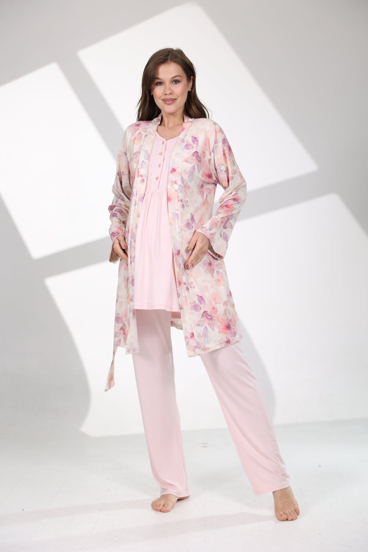 Soft Çiçek Desenli Yumuşak Dokulu 3'lü Sabahlıklı Lohusa Pijama Takımı Pembe - 715