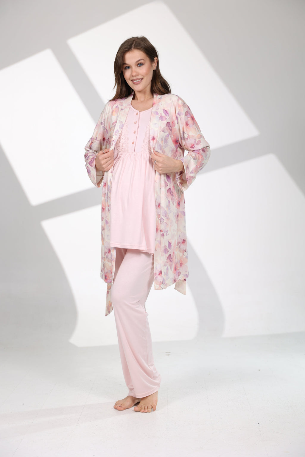 Soft Çiçek Desenli Yumuşak Dokulu 3'lü Sabahlıklı Lohusa Pijama Takımı Pembe - 715