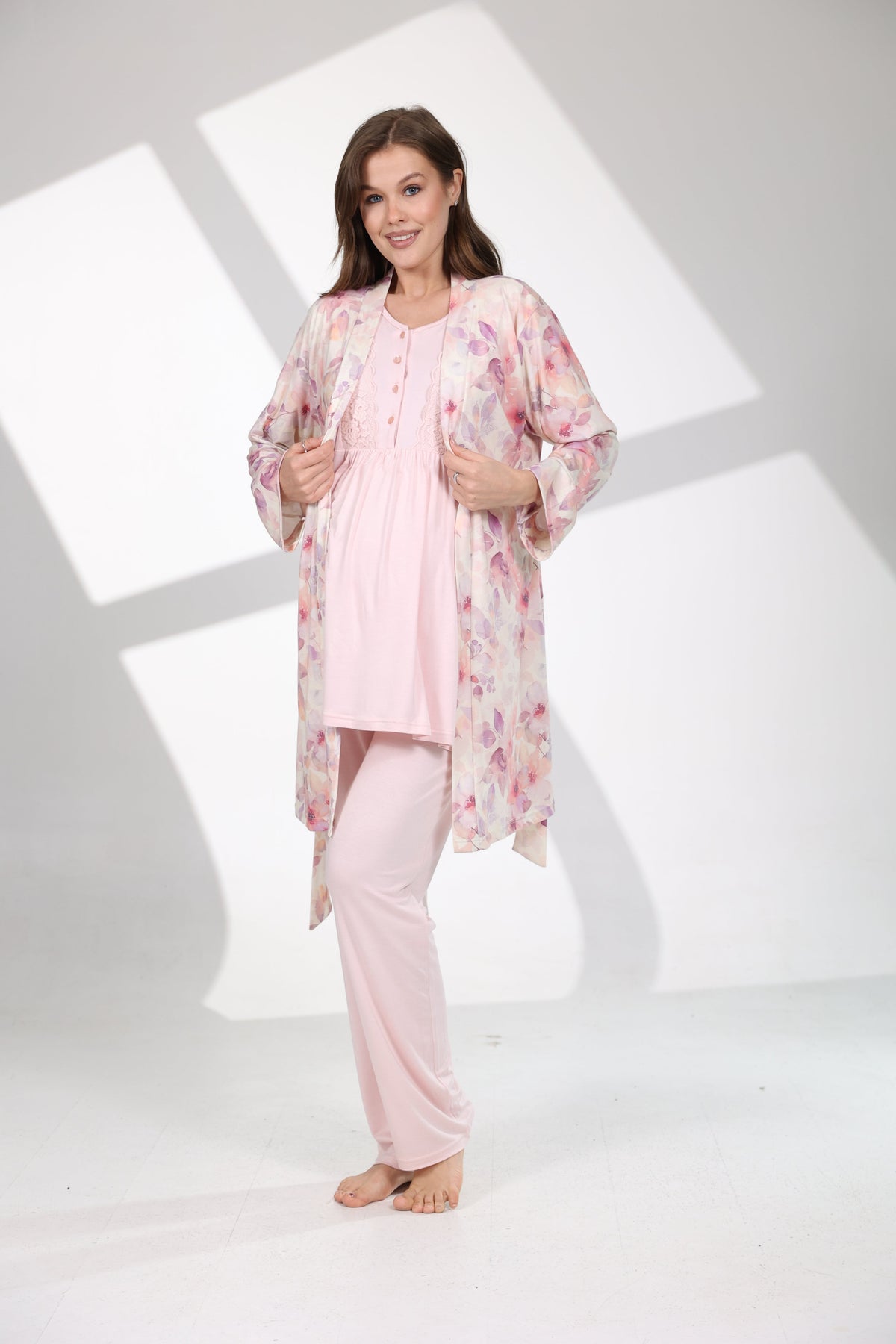 Soft Çiçek Desenli Yumuşak Dokulu 3'lü Sabahlıklı Lohusa Pijama Takımı Pembe - 715