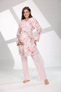 Soft Çiçek Desenli Yumuşak Dokulu 3'lü Sabahlıklı Lohusa Pijama Takımı Pembe - 715