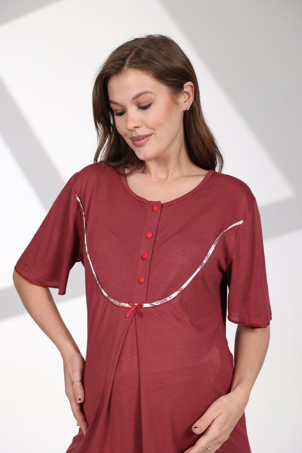 Şal Desenli 3'lü Sabahlıklı Lohusa Pijama Takımı Bordo - 714