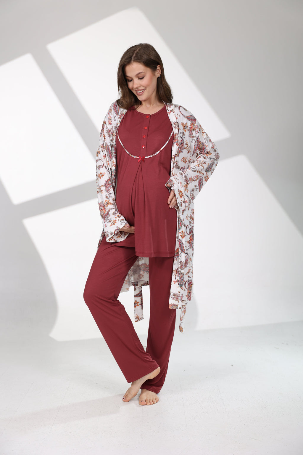 Şal Desenli 3'lü Sabahlıklı Lohusa Pijama Takımı Bordo - 714