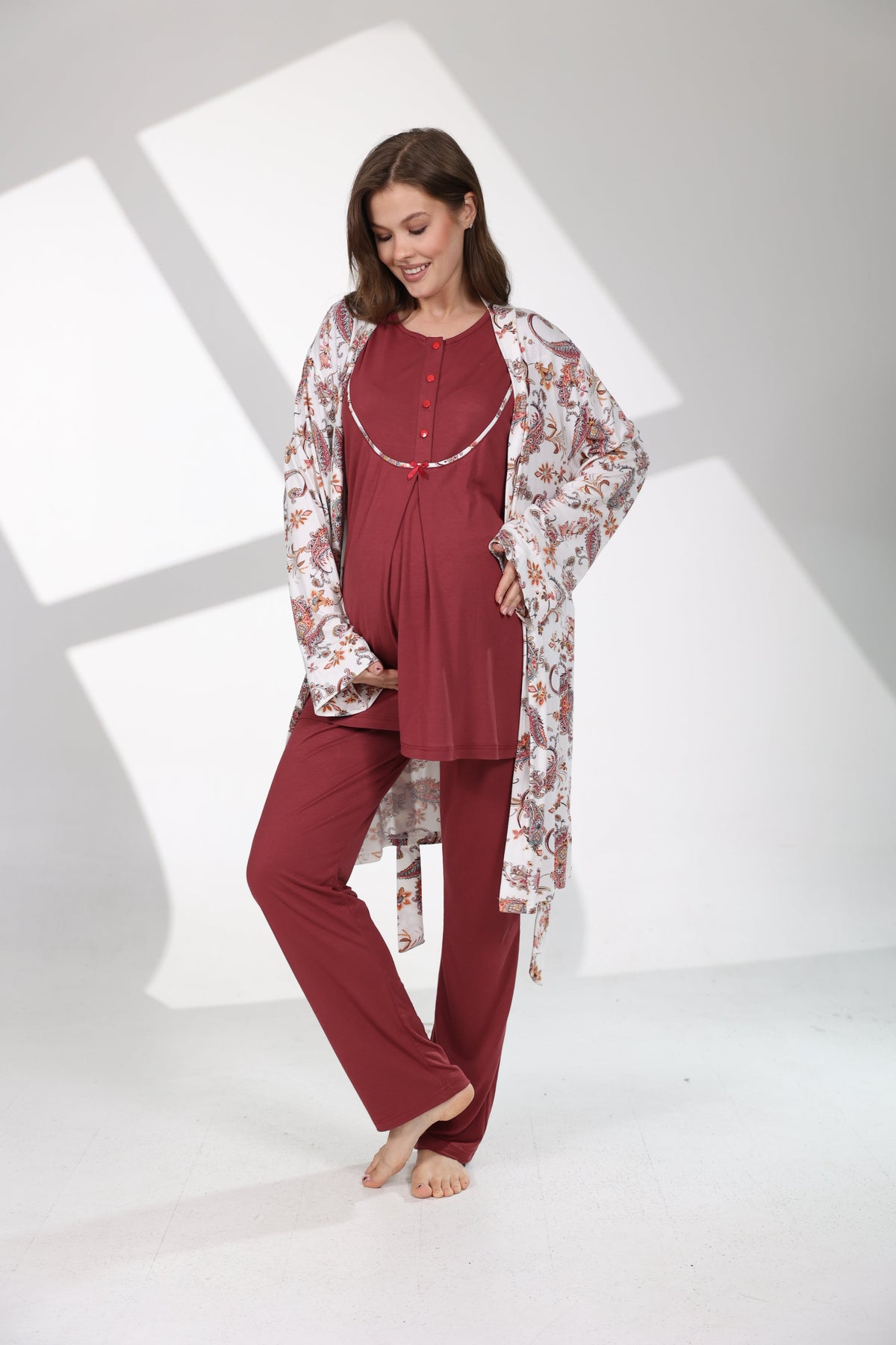 Şal Desenli 3'lü Sabahlıklı Lohusa Pijama Takımı Bordo - 714