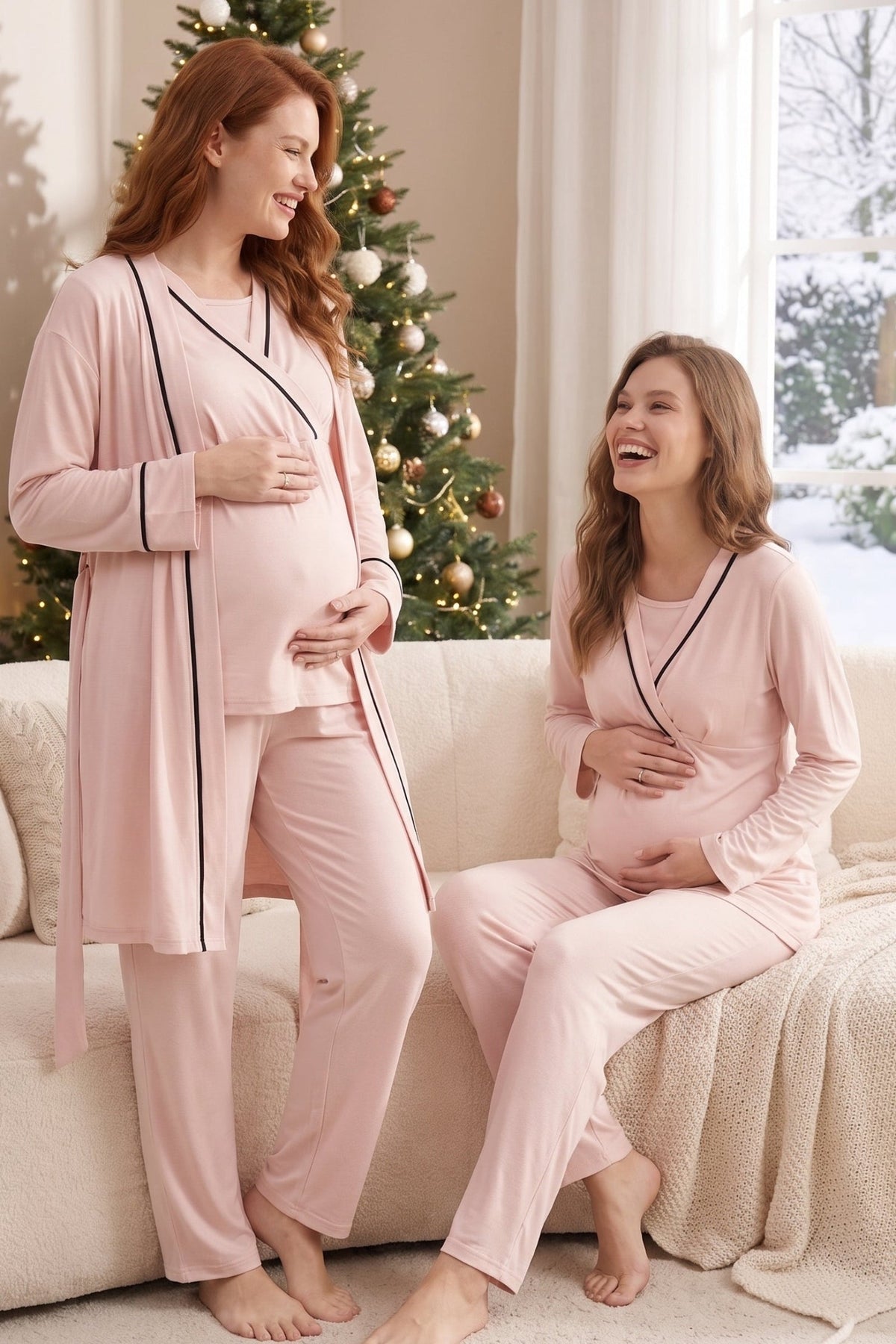 Biyeli Uzun Kollu 3'lü Sabahlıklı Gizli Emzirme Özellikli Lohusa Pijama Takımı Pembe - 546