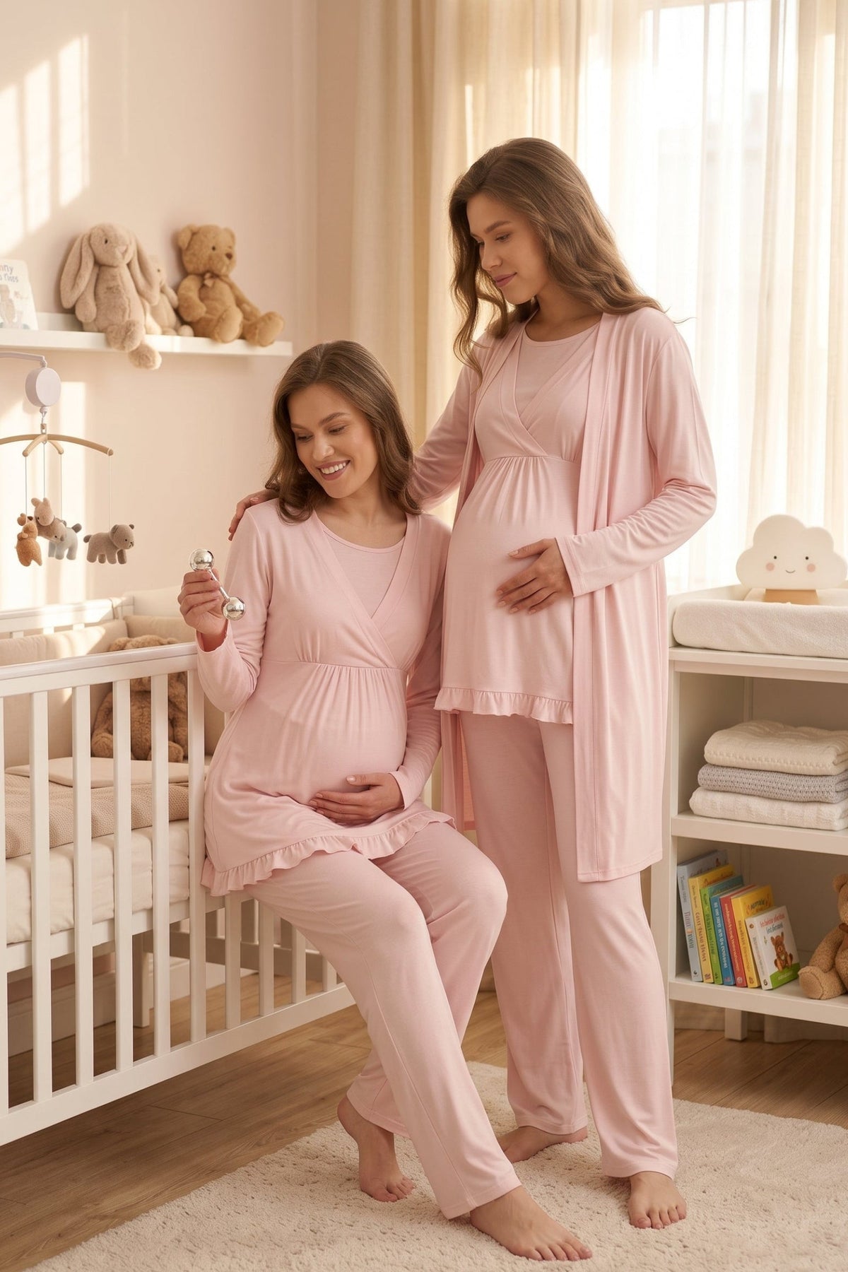 Kruvaze Sade Uzun Kollu 3'lü Sabahlıklı Lohusa Pijama Takımı Pembe - 625