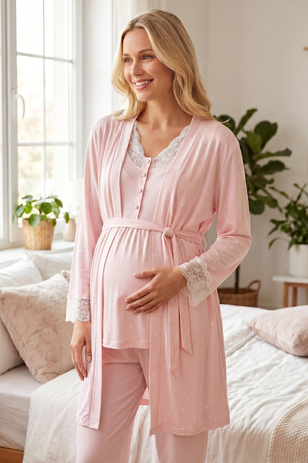 Kalp Desenli 3'lü Sabahlıklı Lohusa Pijama Takımı Pembe - 2059