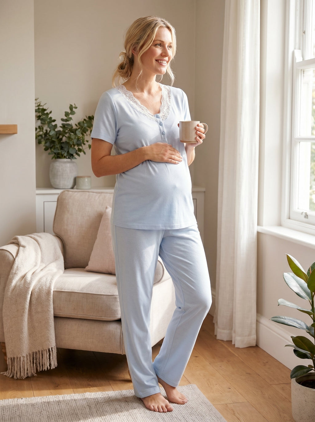 Kalp Desenli 3'lü Sabahlıklı Lohusa Pijama Takımı Mavi - 2060
