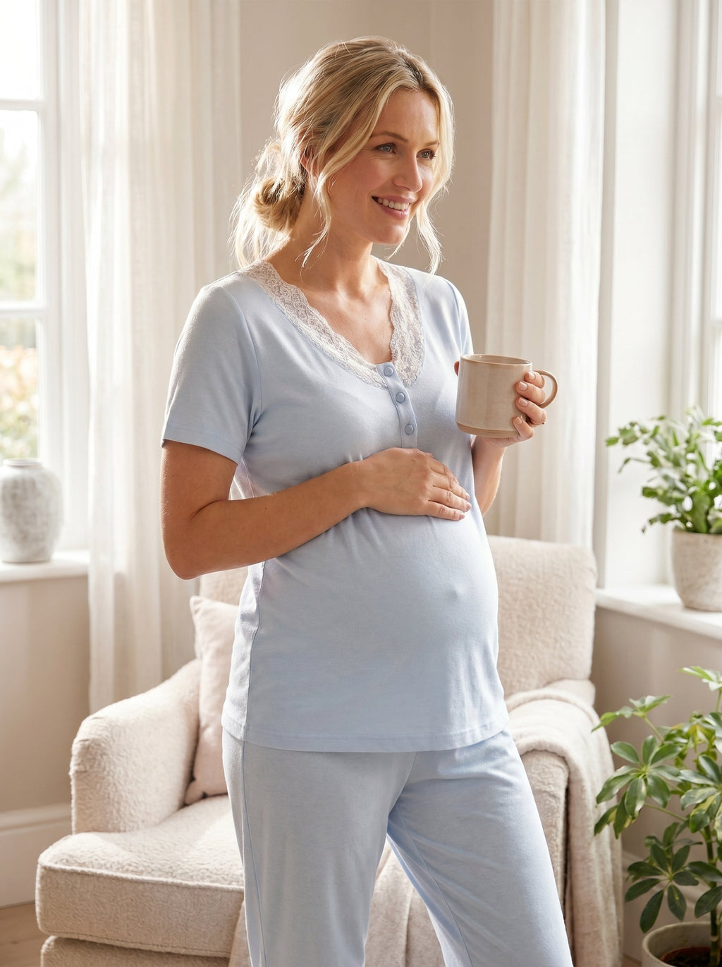 Kalp Desenli 3'lü Sabahlıklı Lohusa Pijama Takımı Mavi - 2060