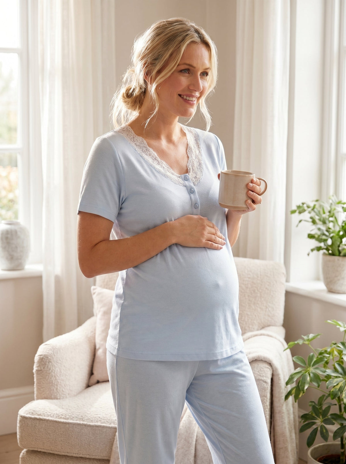 Kalp Desenli 3'lü Sabahlıklı Lohusa Pijama Takımı Mavi - 2060