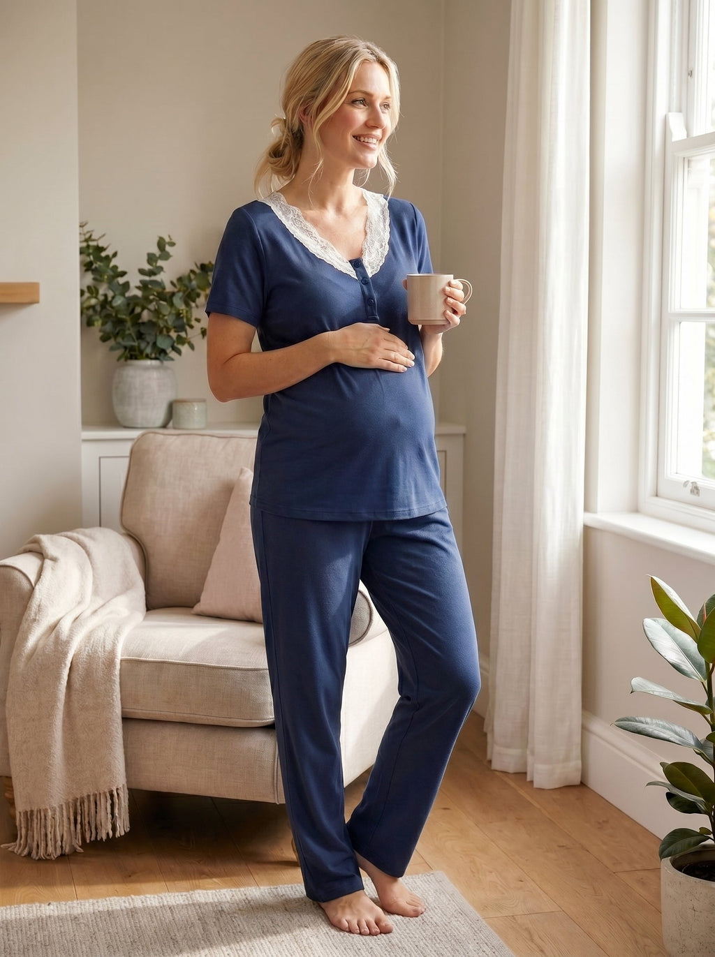 Kalp Desenli 3'lü Sabahlıklı Lohusa Pijama Takımı Lacivert - 2061