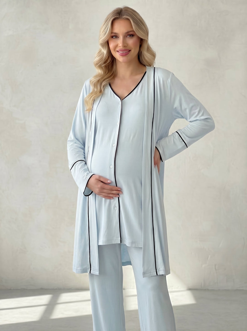 Önden Düğmeli 3'lü Sabahlıklı Lohusa Pijama Takımı Mavi - 2036