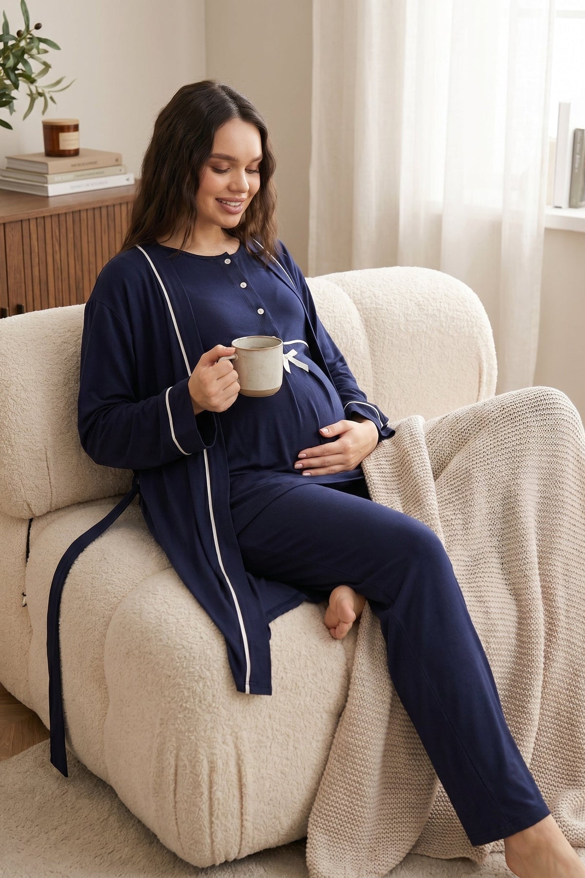 Biyeli Önden Düğmeli 3'lü Sabahlıklı Lohusa Pijama Takımı Lacivert - 509