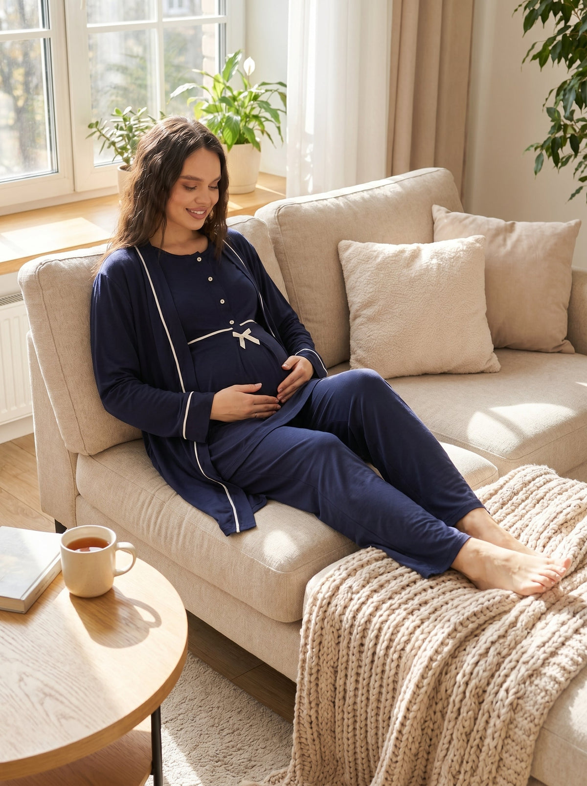 Biyeli Önden Düğmeli 3'lü Sabahlıklı Lohusa Pijama Takımı Lacivert - 509