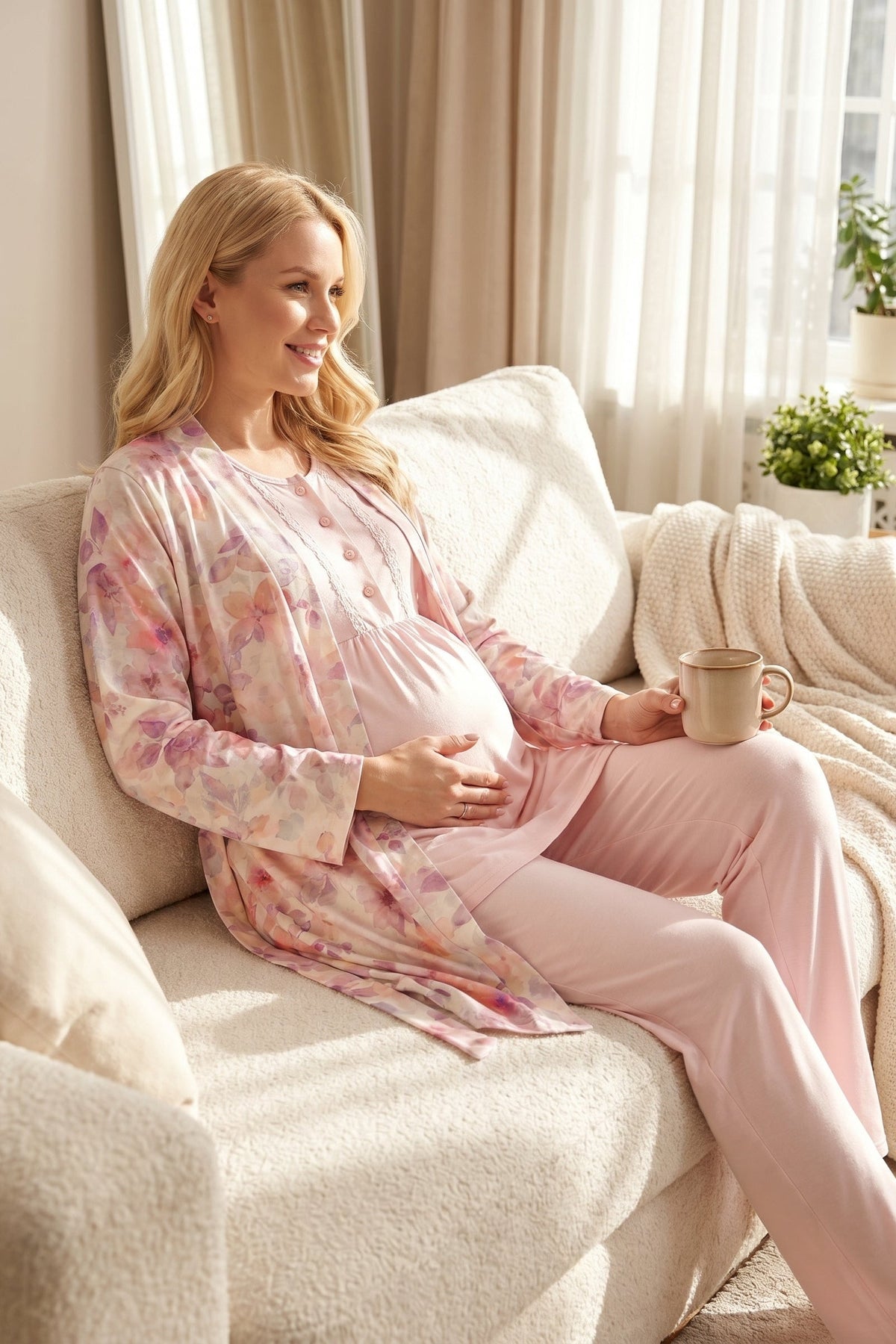 Soft Çiçek Desenli Yumuşak Dokulu 3'lü Sabahlıklı Lohusa Pijama Takımı Pembe - 715