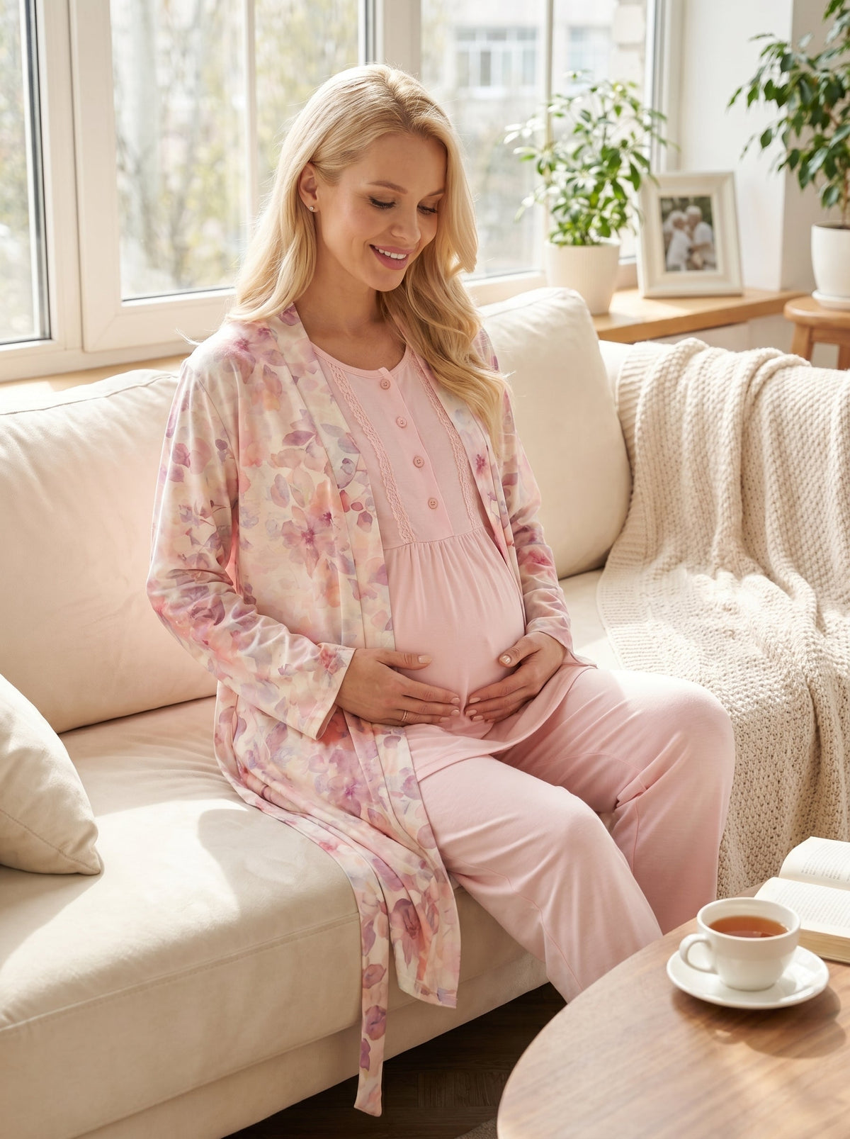 Soft Çiçek Desenli Yumuşak Dokulu 3'lü Sabahlıklı Lohusa Pijama Takımı Pembe - 715