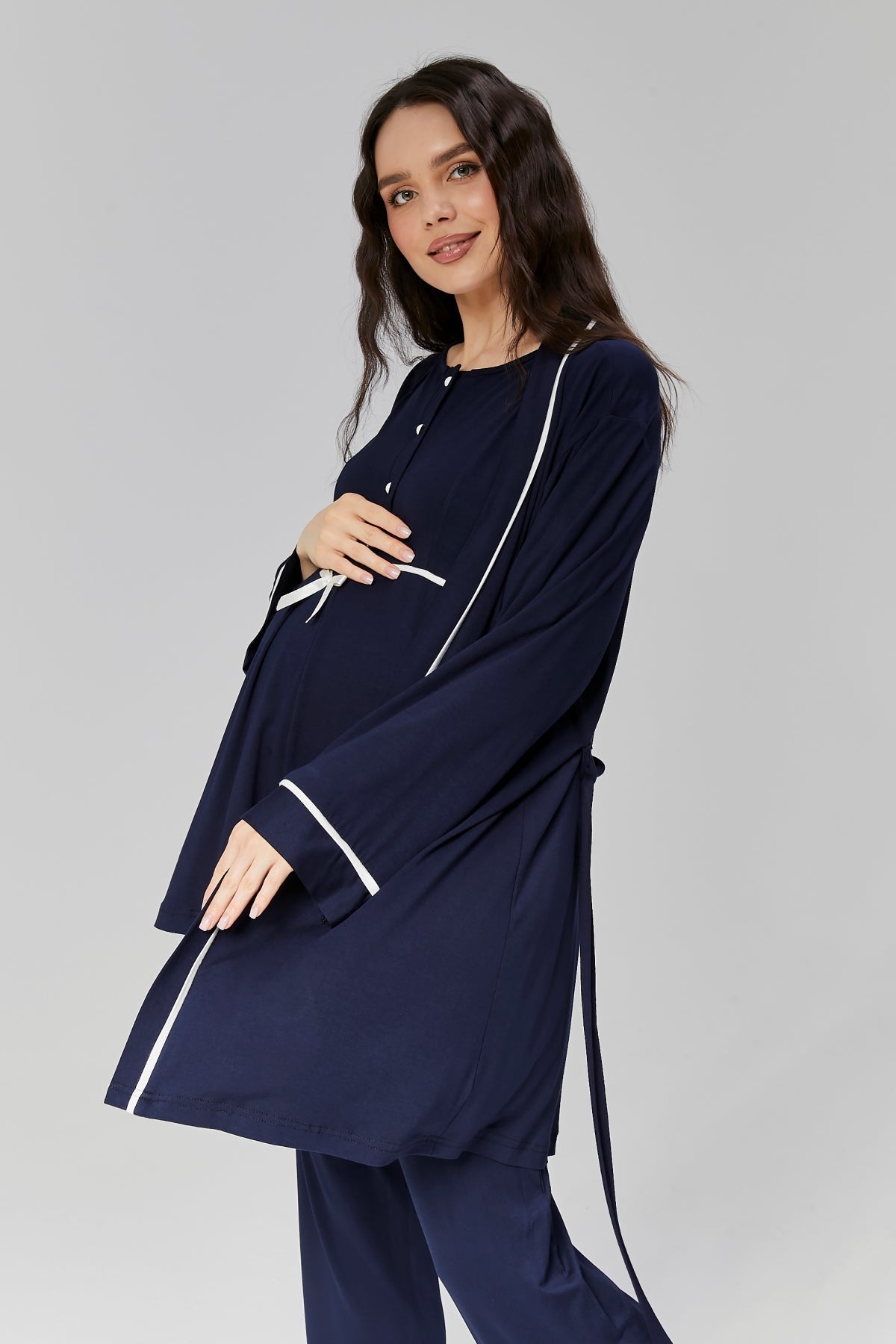 Biyeli Önden Düğmeli 3'lü Sabahlıklı Lohusa Pijama Takımı Lacivert - 509