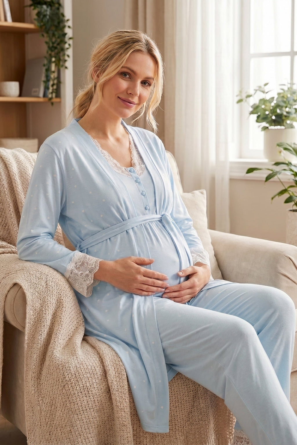 Kalp Desenli 3'lü Sabahlıklı Lohusa Pijama Takımı Mavi - 2060