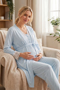 Kalp Desenli 3'lü Sabahlıklı Lohusa Pijama Takımı Mavi - 2060