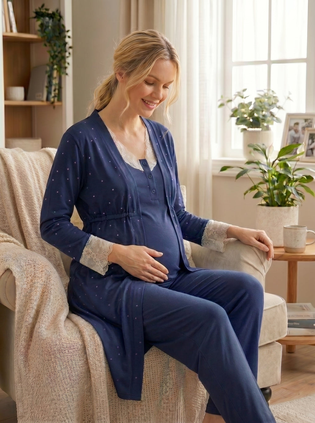 Kalp Desenli 3'lü Sabahlıklı Lohusa Pijama Takımı Lacivert - 2061