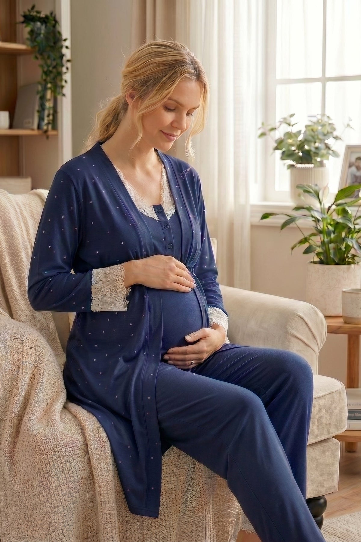 Kalp Desenli 3'lü Sabahlıklı Lohusa Pijama Takımı Lacivert - 2061