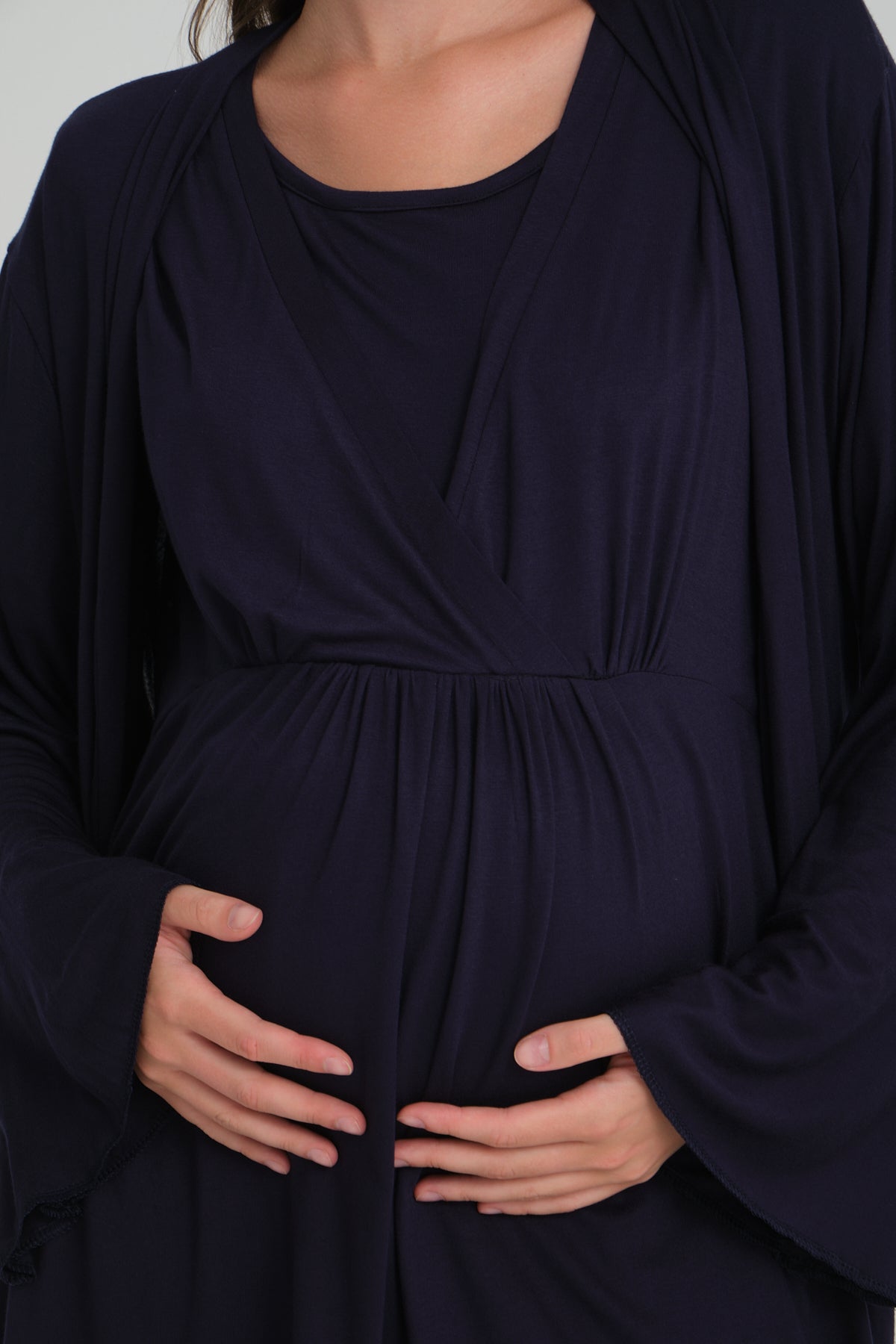 3'lü Sabahlıklı V Yaka Emzirme Özellikli Lohusa Pijama Takımı Lacivert - 532