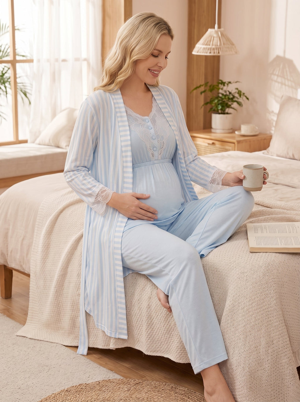 Çizgili 3'lü Sabahlıklı Lohusa Pijama Takımı Mavi - 2054