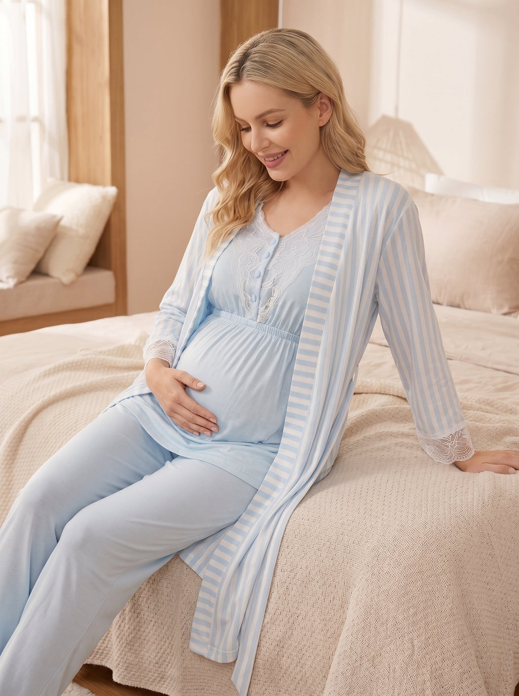 Çizgili 3'lü Sabahlıklı Lohusa Pijama Takımı Mavi - 2054