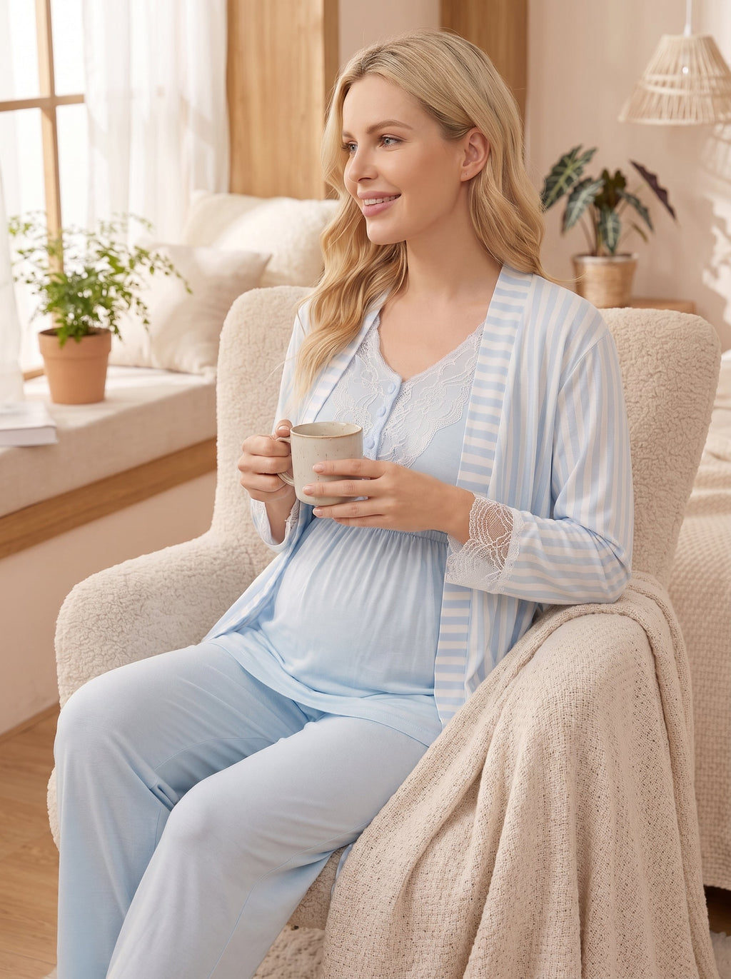 Çizgili 3'lü Sabahlıklı Lohusa Pijama Takımı Mavi - 2054