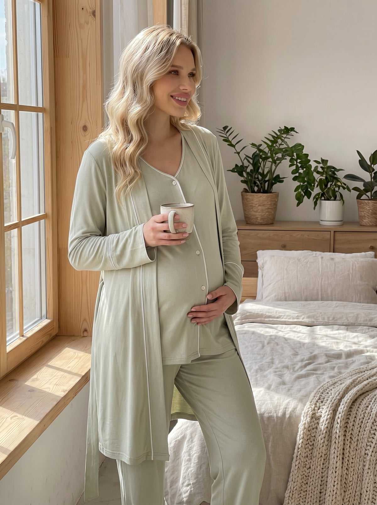 Önden Düğmeli 3'lü Sabahlıklı Lohusa Pijama Takımı Yeşil - 2039