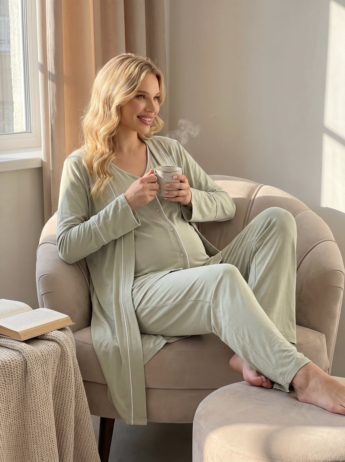 Önden Düğmeli 3'lü Sabahlıklı Lohusa Pijama Takımı Yeşil - 2039