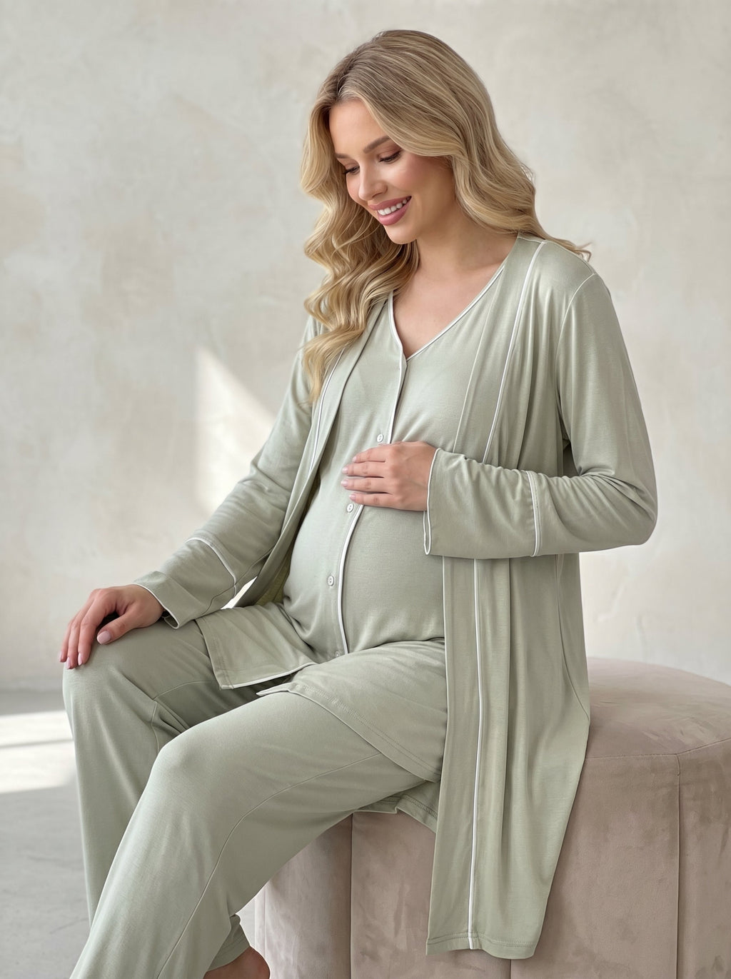 Önden Düğmeli 3'lü Sabahlıklı Lohusa Pijama Takımı Yeşil - 2039