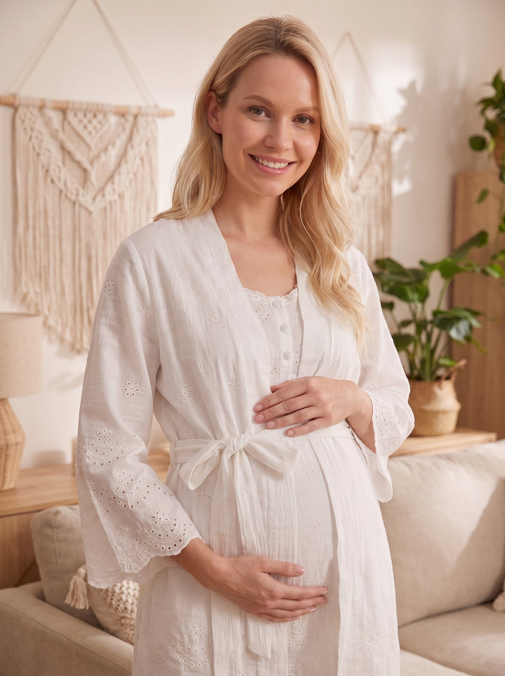 4 Mevsim Fisto Keten 3'lü Sabahlıklı Lohusa Pijama Takımı Ekru - 2080